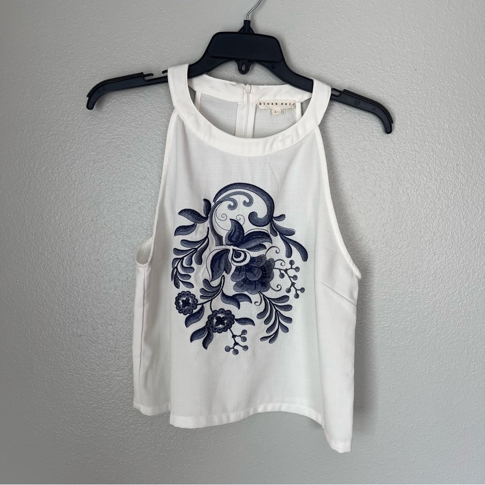 Sold Blush Noir Women’s Large Sleeveless Floral Top Blouse Blue Racerback